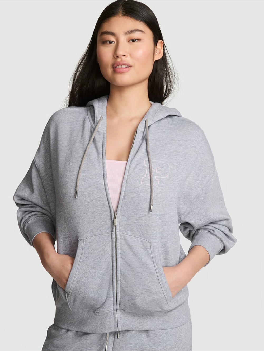 Pink Victoria's Secret Women's Ivy Fleece Campus Full-Zip Hoodie Heather Grey L